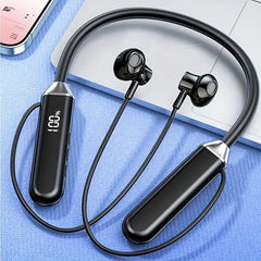 Bluetooth Neckband Earbuds with Noise Canceling, Digital Display, Long Battery, USB-C Charging – Black Sport Headphones for Exercise, Gym & Travel