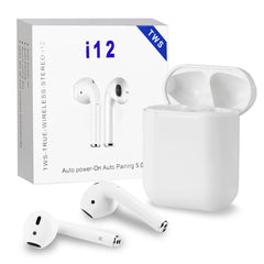 i12 Double Wireless Bluetooth Hand Free with Power Bank AirPod Stereo Earphones White bluetooth ear phone for all cell phones use-Color Family:Black