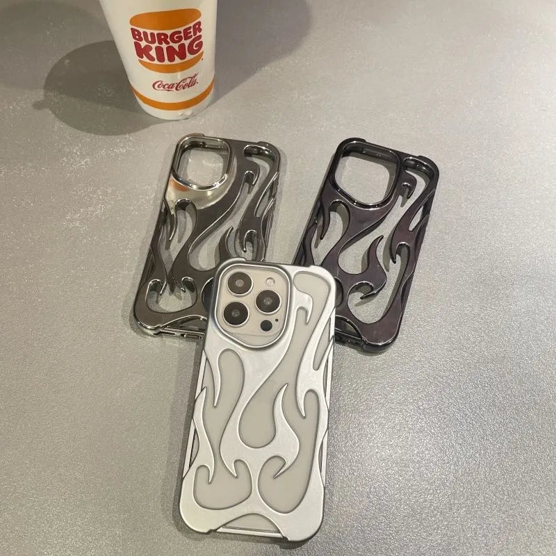 Fashion Hollowed Fire Flame Phone Case For iphone 16 15 13 12 11 Pro Max 14 Plus Cool Boy Girl Silver Plating Soft Cover