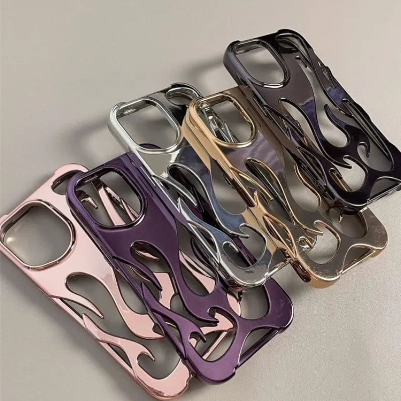 Fashion Hollowed Fire Flame Phone Case For iphone 16 15 13 12 11 Pro Max 14 Plus Cool Boy Girl Silver Plating Soft Cover