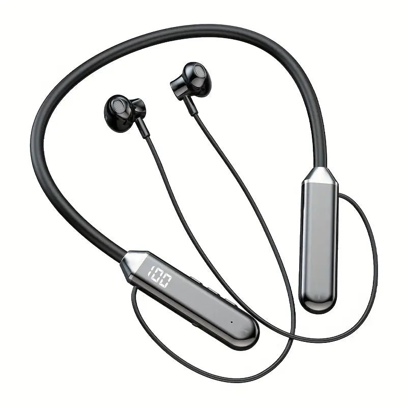 Bluetooth Neckband Earbuds with Noise Canceling, Digital Display, Long Battery, USB-C Charging – Black Sport Headphones for Exercise, Gym & Travel