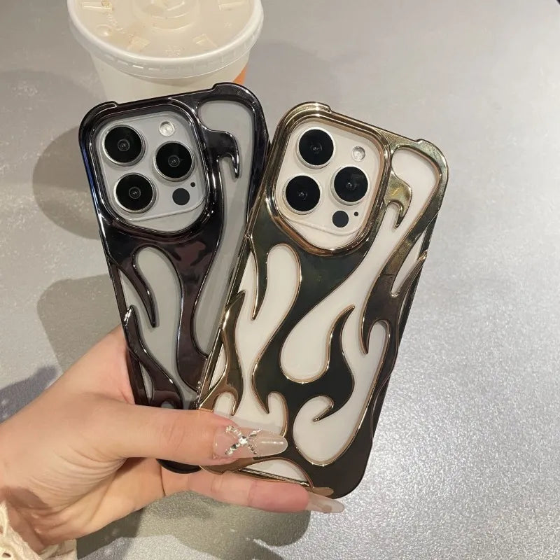 Fashion Hollowed Fire Flame Phone Case For iphone 16 15 13 12 11 Pro Max 14 Plus Cool Boy Girl Silver Plating Soft Cover